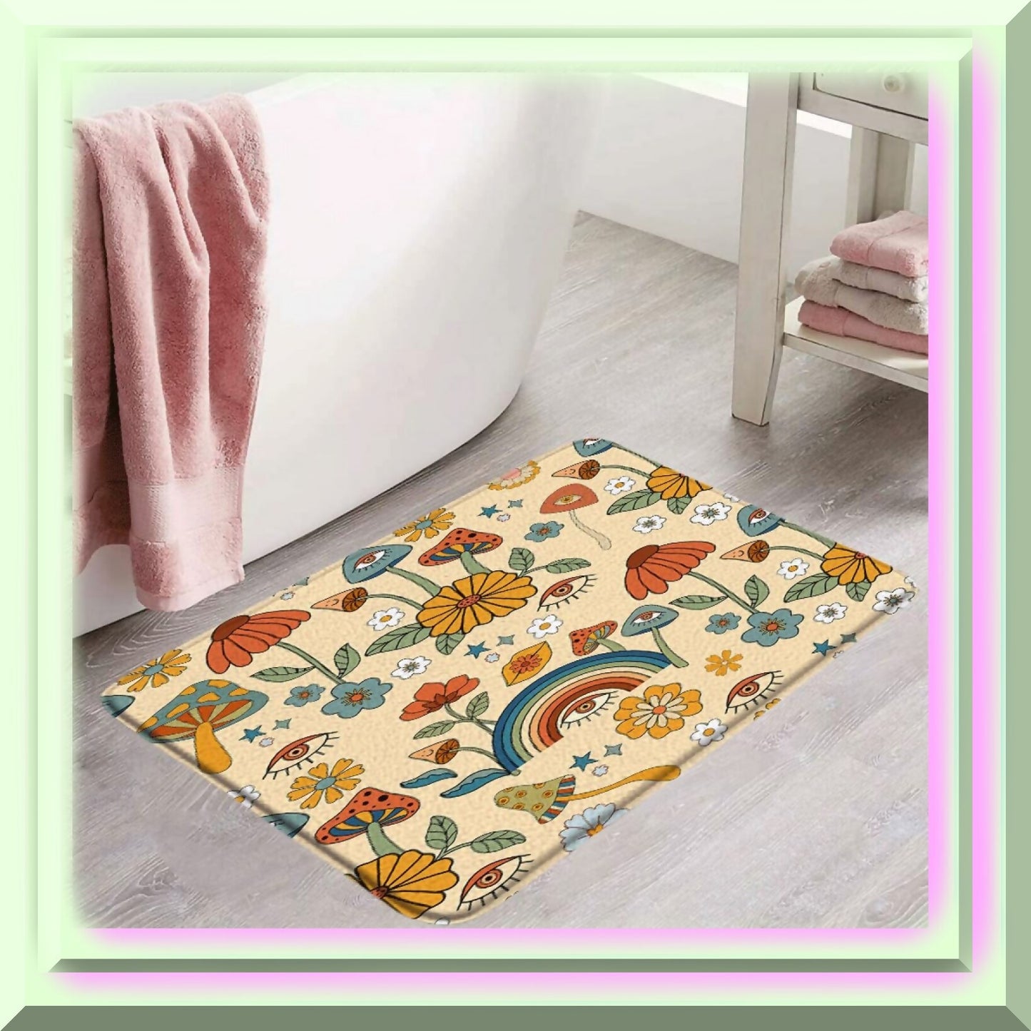 Retro Boho Mushroom Bathroom Rug 60s 70s Floral Microfiber