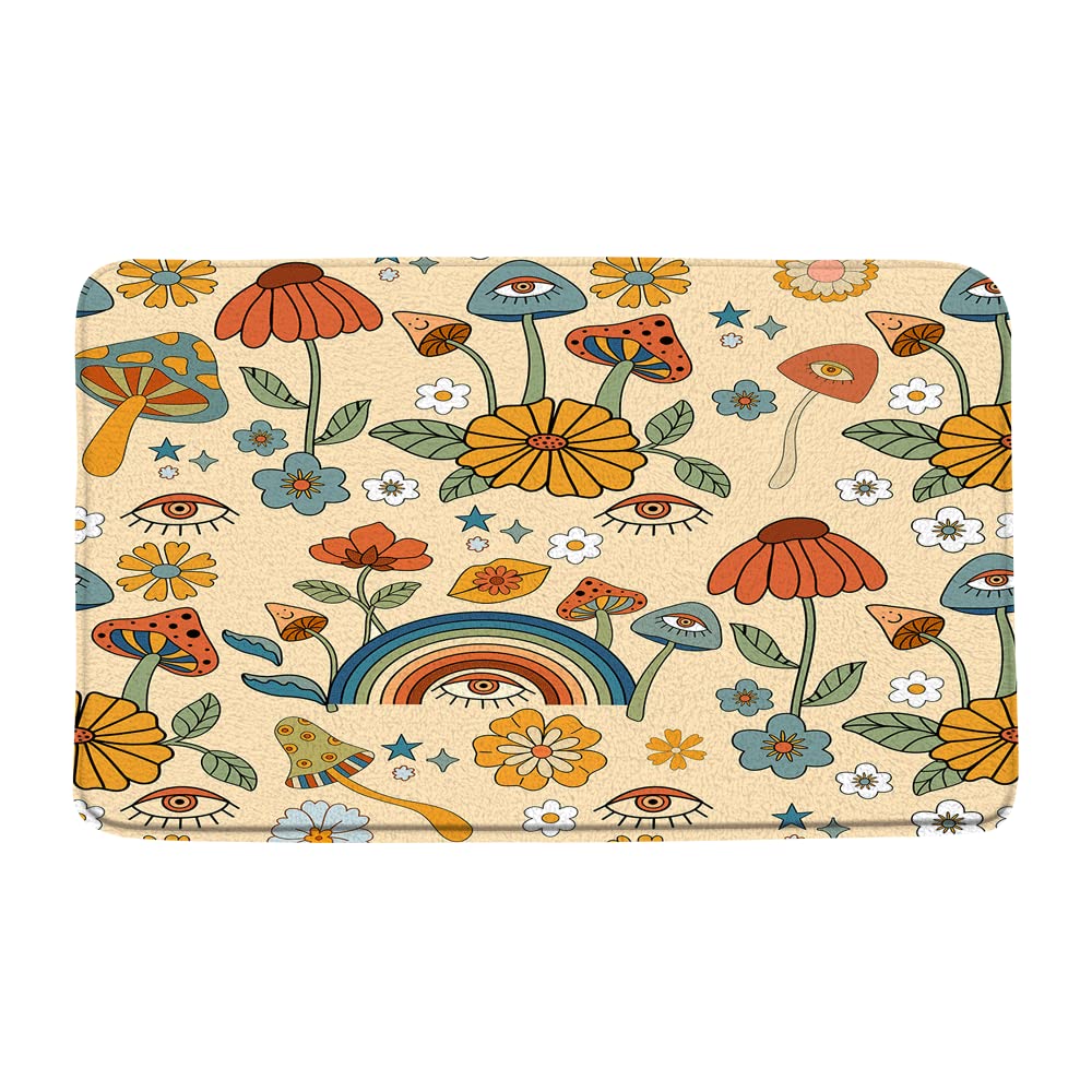 Retro Boho Mushroom Bathroom Rug 60s 70s Floral Microfiber