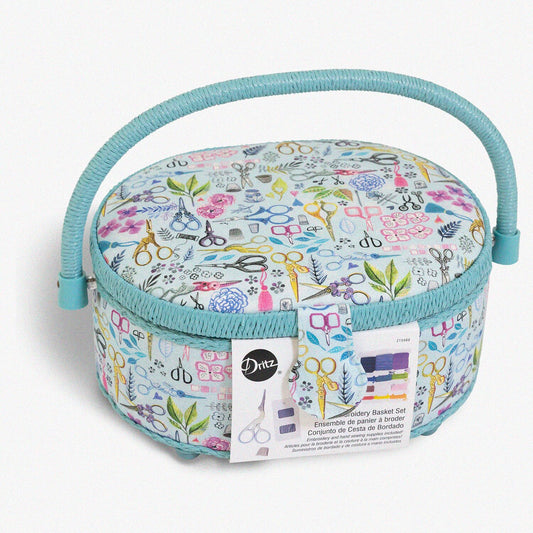 Small Blue Embroidery Basket 9.25" x 7.25" x 4.5"