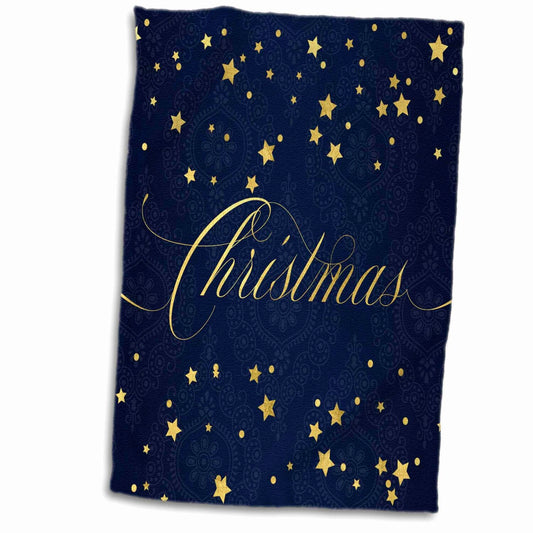 Typography Golden Hues Navy Blue Damask Towel 15x22