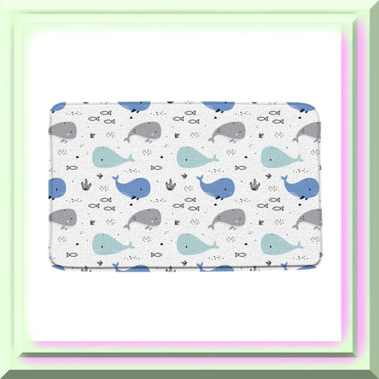Cartoon Whale Bathroom Mat Blue Gray 1 Piece