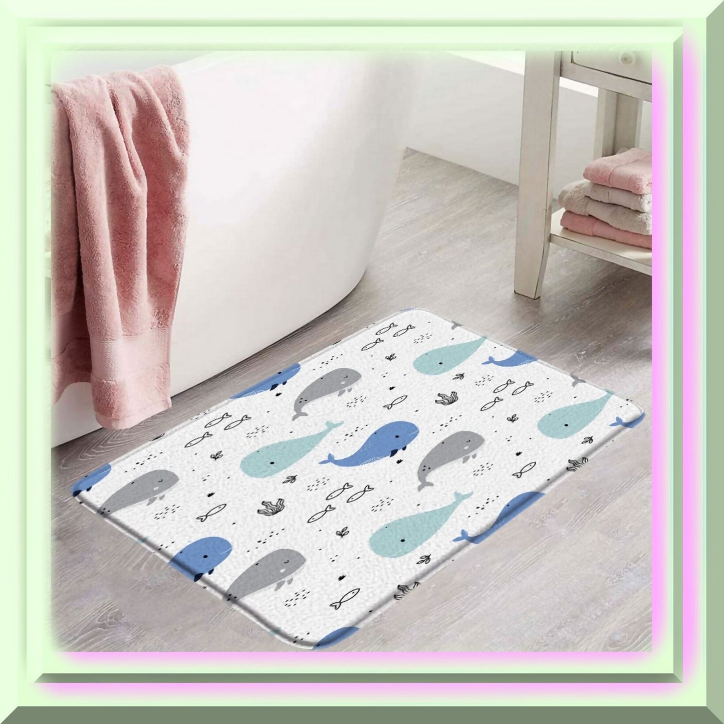 Cartoon Whale Bathroom Mat Blue Gray 1 Piece