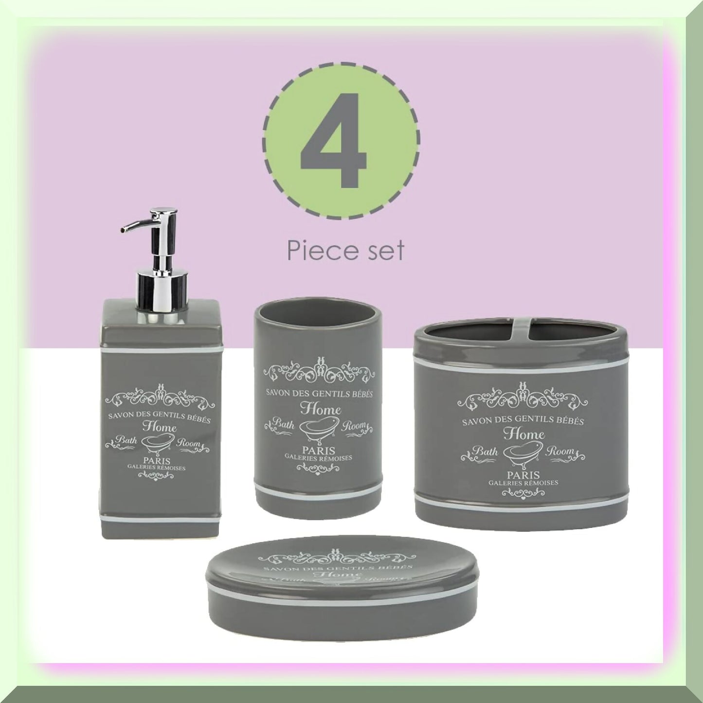 Paris 4-Piece Ceramic Bathroom Accessory Set Grey