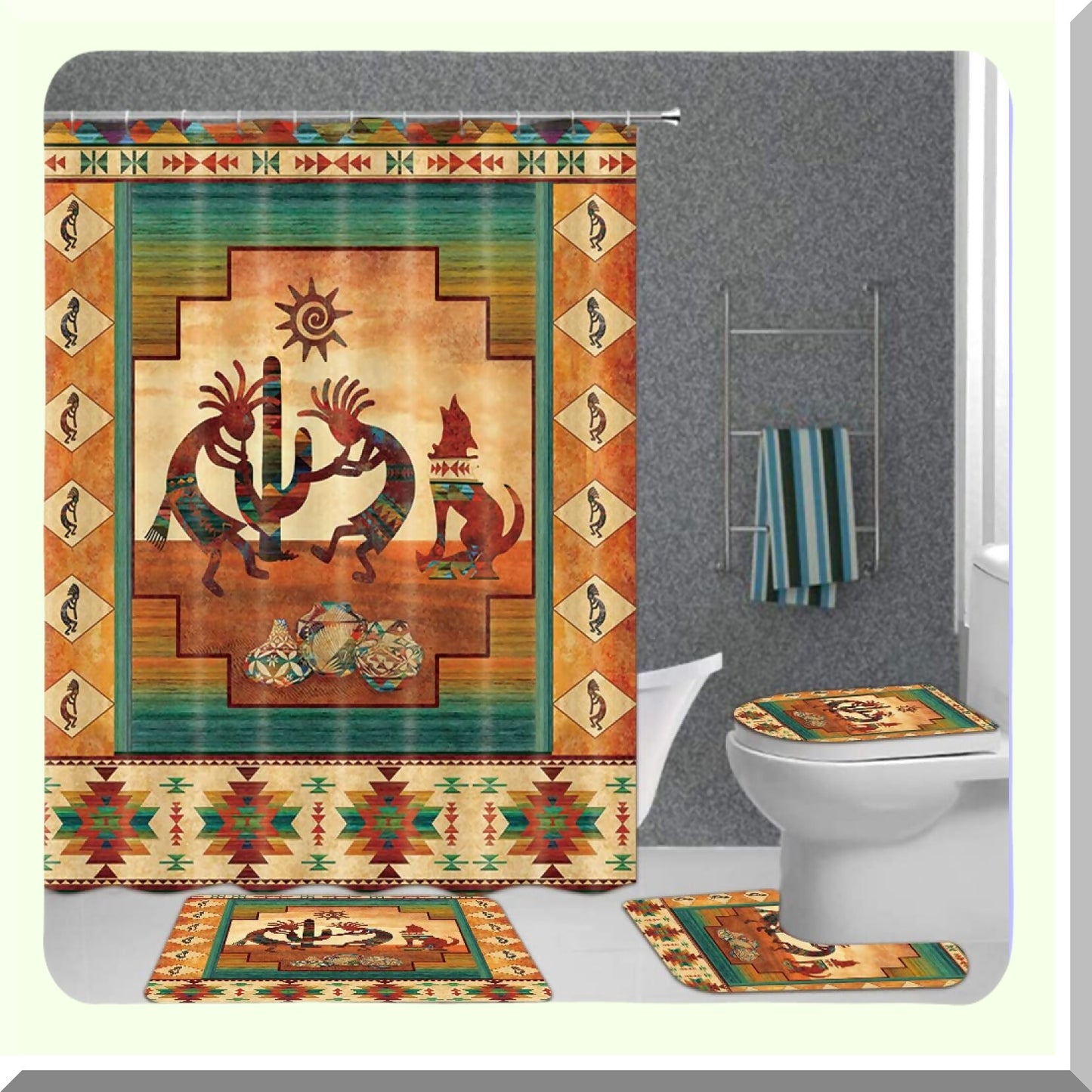 Southwestern Bathroom Set with Shower Curtain and Rugs