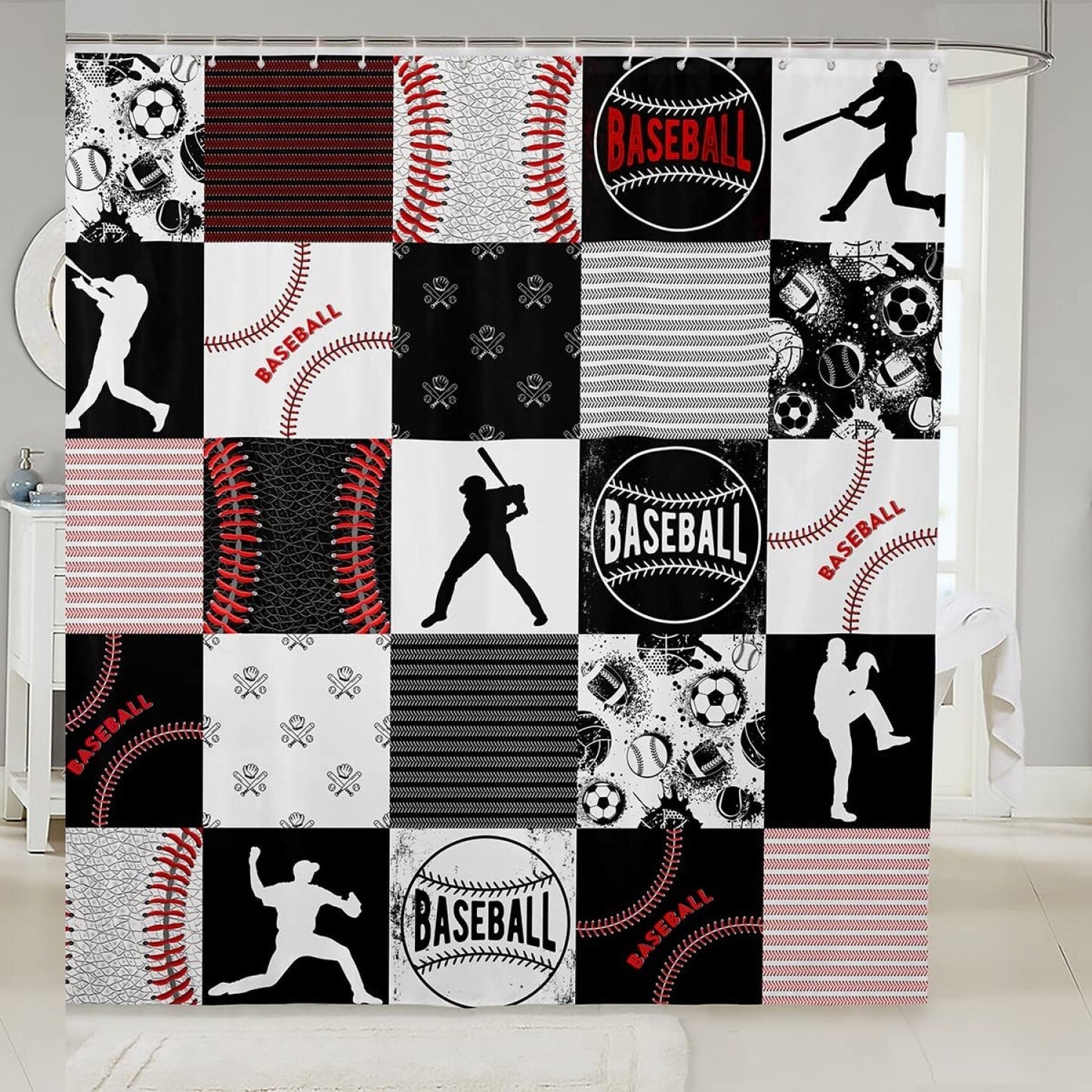 Baseball Kids Bathroom Shower Curtain 72x72 Inch