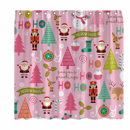 Cartoon Pink Winter Holiday Shower Curtain Set