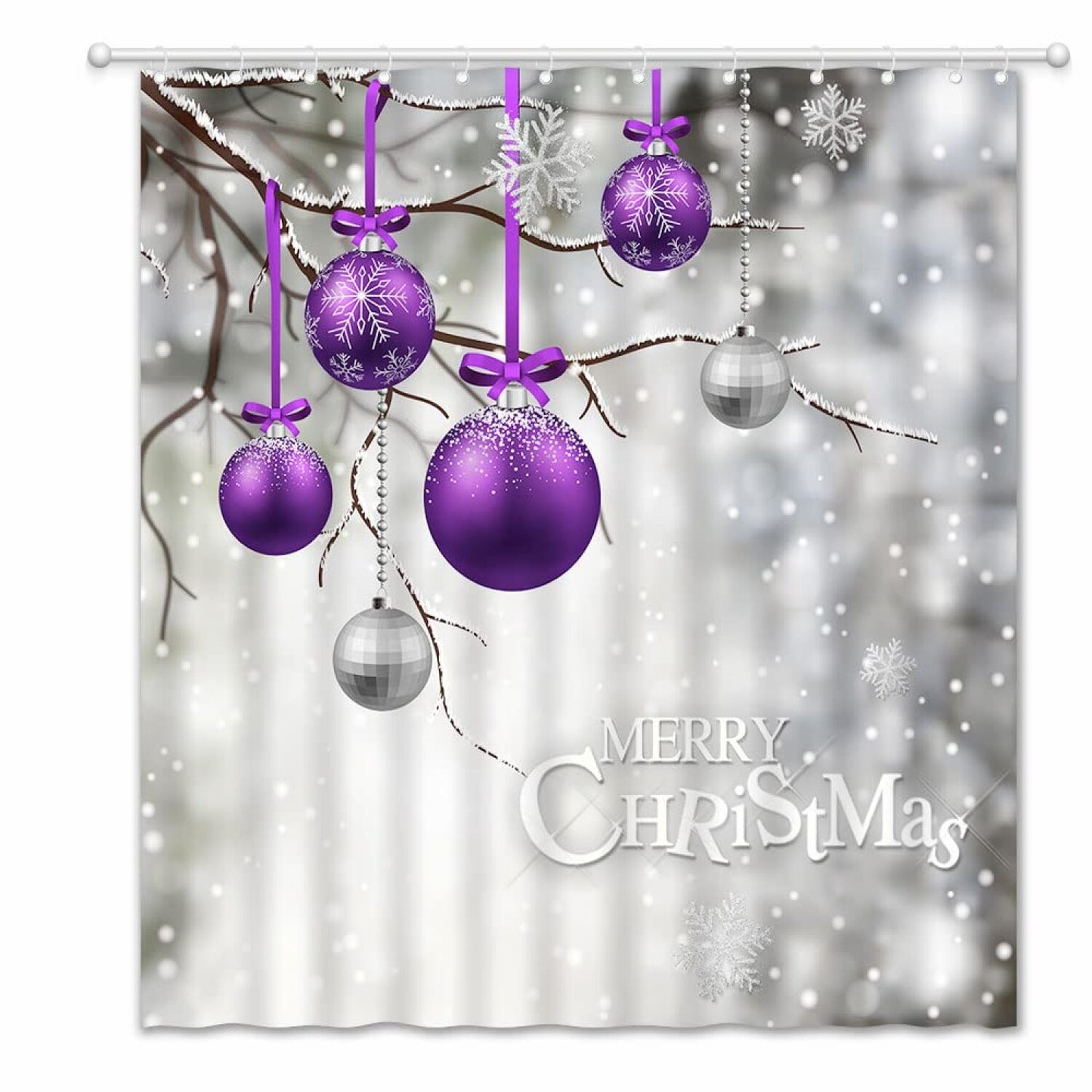 Purple Xmas Ball Shower Curtain with Hooks