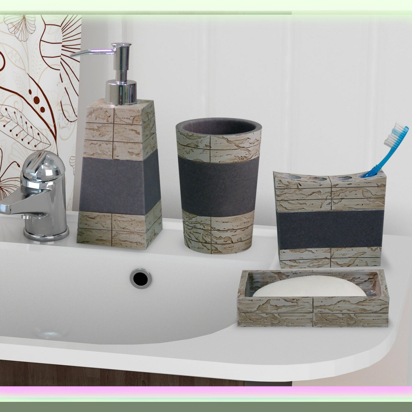 Rustic Cement and Stone Bathroom Accessory Set (4)