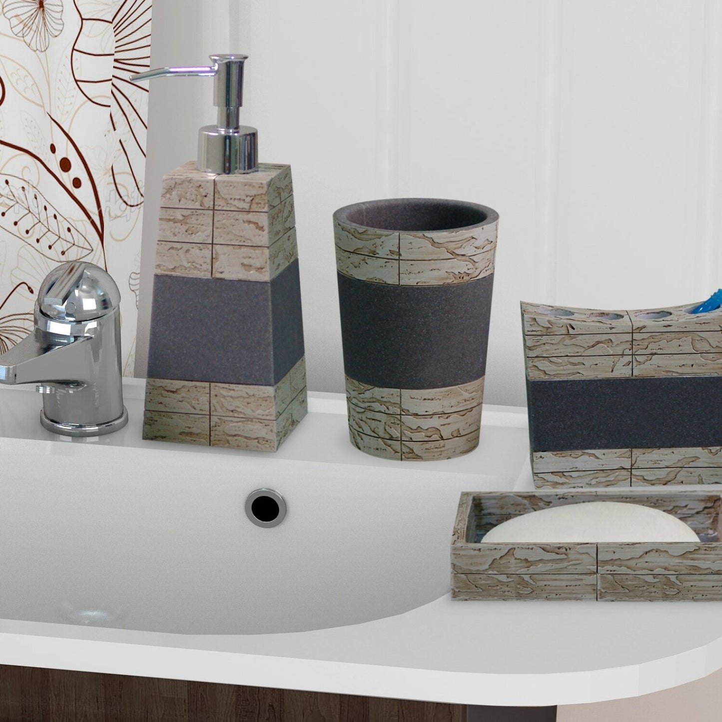 Rustic Cement and Stone Bathroom Accessory Set (4)
