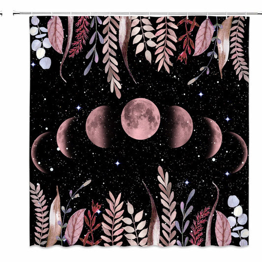 Moon Phase Shower Curtain Black and Pink Fabric