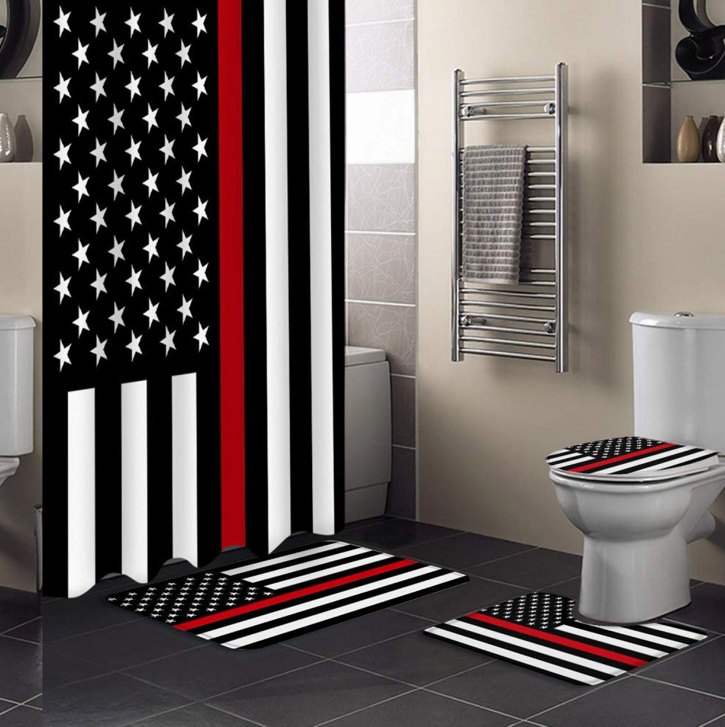 4 Pcs Shower Curtain Set with Rugs and Hooks