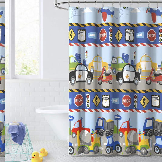 Kids Fabric Shower Curtain 72x72 Blue Red Trains Trucks