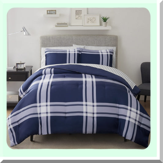 Plaid Comfort Twin XL Bedding Set - Soft 5 Piece Complete Bed in A Bag with Sheets & Pillow Case for All Season - Simply Clean Jax Blue