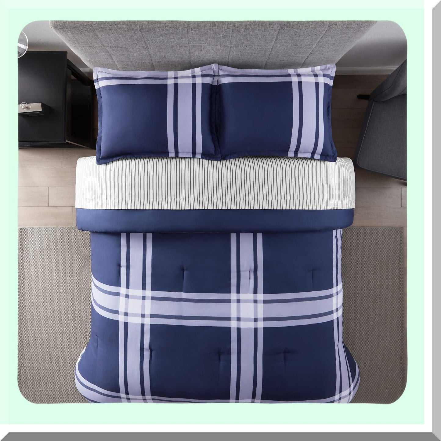Plaid Comfort Twin XL Bedding Set - Soft 5 Piece Complete Bed in A Bag with Sheets & Pillow Case for All Season - Simply Clean Jax Blue