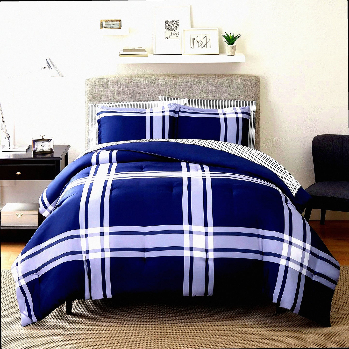 Plaid Comfort Twin XL Bedding Set - Soft 5 Piece Complete Bed in A Bag with Sheets & Pillow Case for All Season - Simply Clean Jax Blue