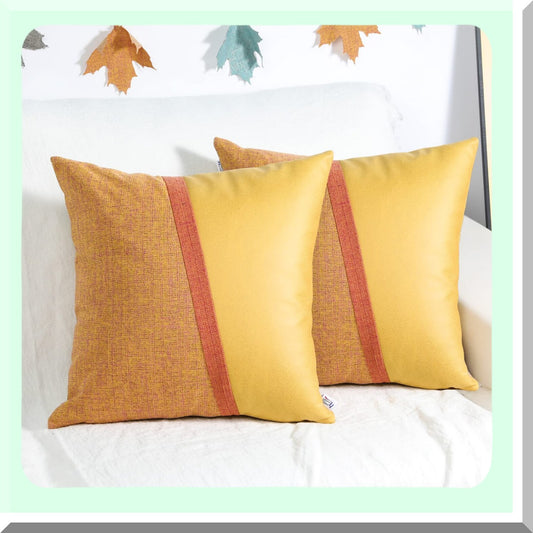 Orange Farmhouse Patchwork Pillowcase Set - 18x18 Inch Decorative Throw Pillow Covers - Solid Linen Cushion Cases with Hidden Zipper for Couch Decor