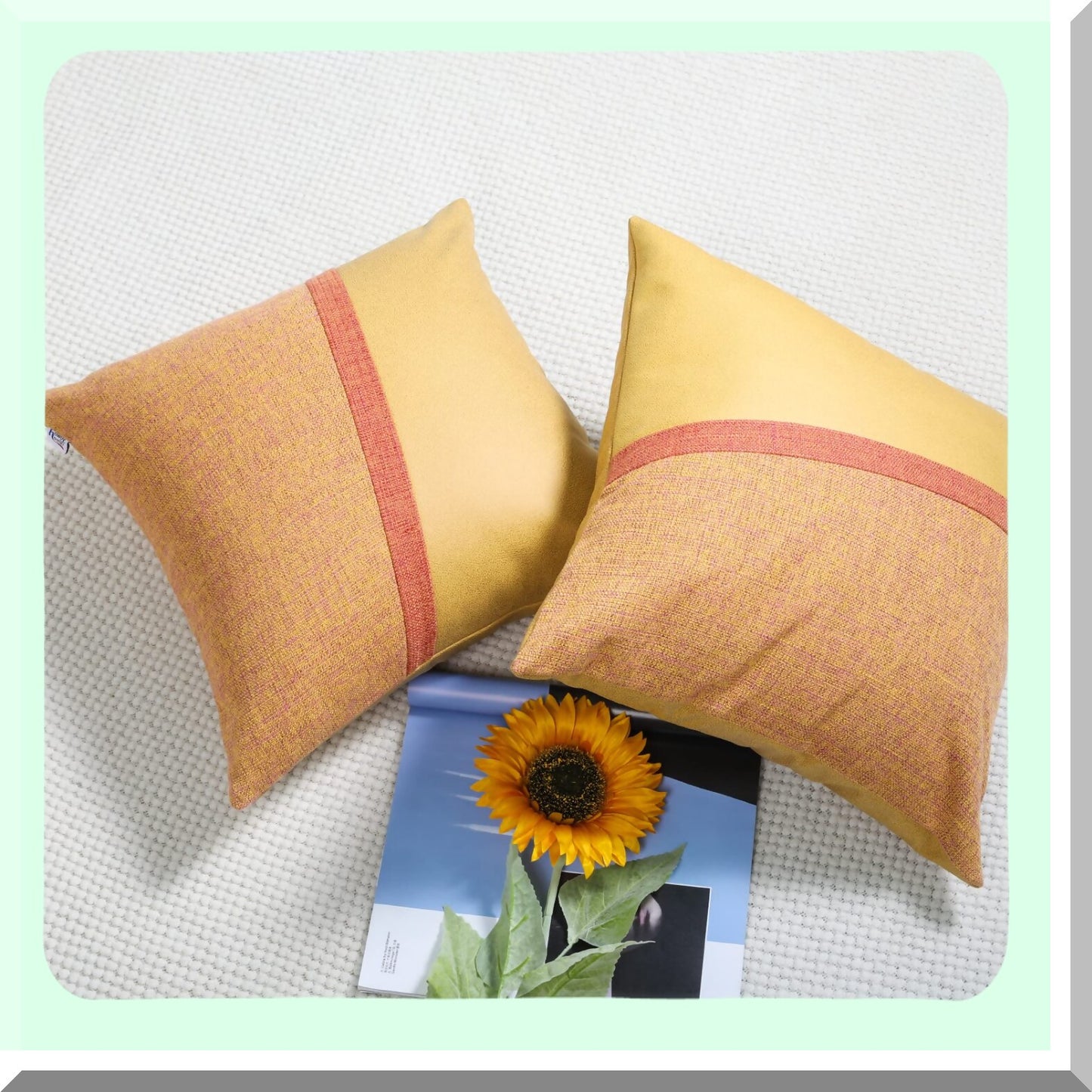 Orange Farmhouse Patchwork Pillowcase Set - 18x18 Inch Decorative Throw Pillow Covers - Solid Linen Cushion Cases with Hidden Zipper for Couch Decor