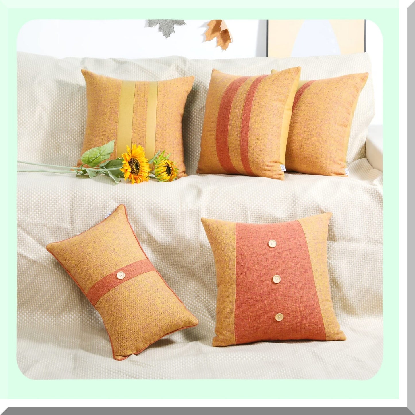 Orange Farmhouse Patchwork Pillowcase Set - 18x18 Inch Decorative Throw Pillow Covers - Solid Linen Cushion Cases with Hidden Zipper for Couch Decor