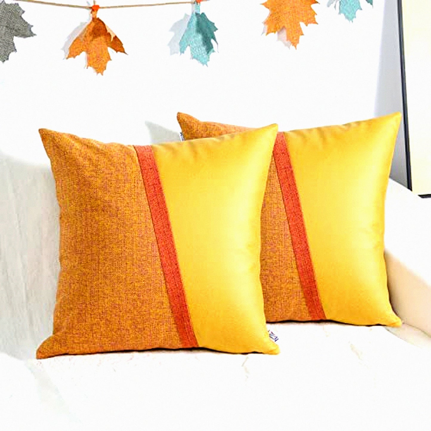 Orange Farmhouse Patchwork Pillowcase Set - 18x18 Inch Decorative Throw Pillow Covers - Solid Linen Cushion Cases with Hidden Zipper for Couch Decor