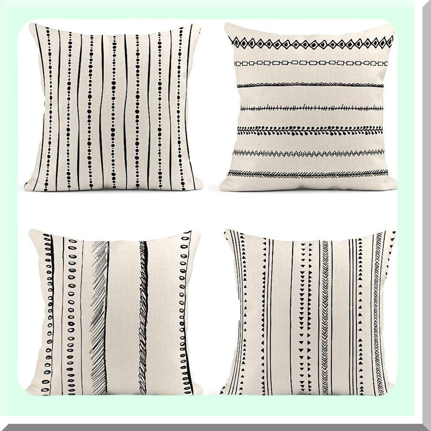 Geometric Dots Lines Border Pillow Covers - Set of 4 Black White Decorative Linen Cases 18x18 Inches Square Pillowcases