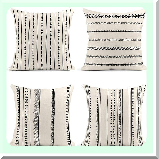 Geometric Dots Lines Border Pillow Covers - Set of 4 Black White Decorative Linen Cases 18x18 Inches Square Pillowcases