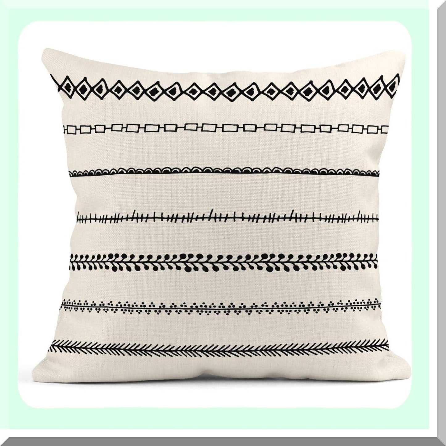 Geometric Dots Lines Border Pillow Covers - Set of 4 Black White Decorative Linen Cases 18x18 Inches Square Pillowcases
