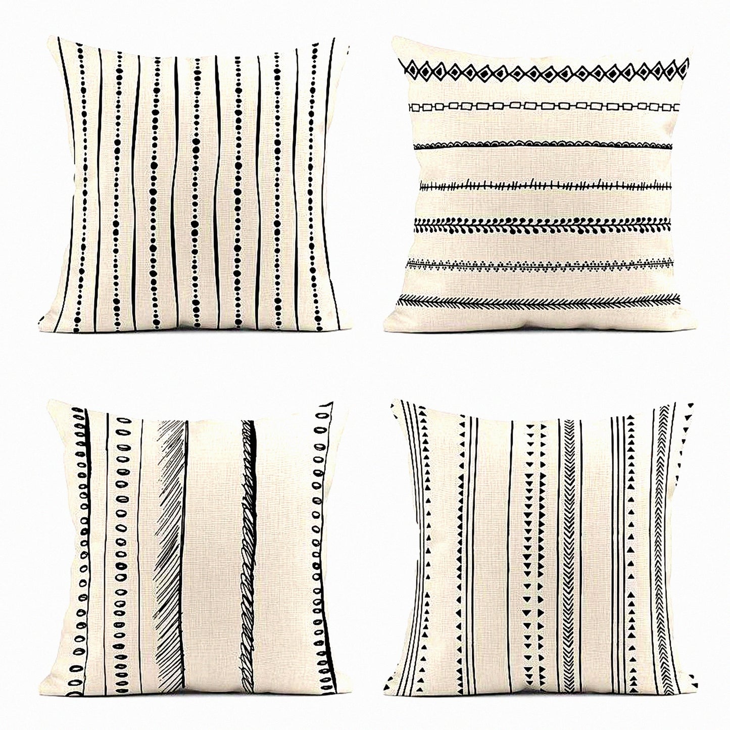 Geometric Dots Lines Border Pillow Covers - Set of 4 Black White Decorative Linen Cases 18x18 Inches Square Pillowcases