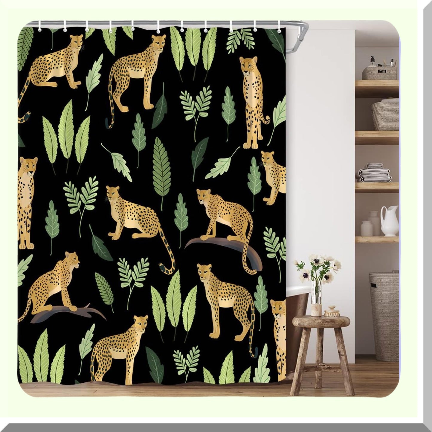 Leopard Palm Leaf Shower Curtain Black Abstract