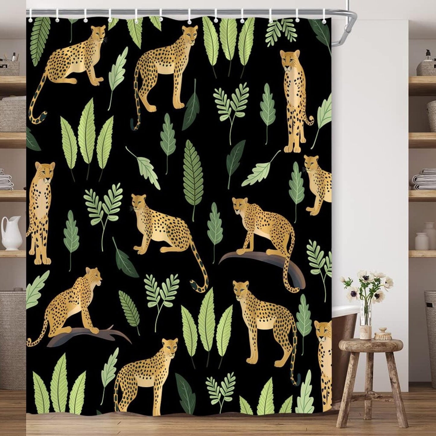Leopard Palm Leaf Shower Curtain Black Abstract