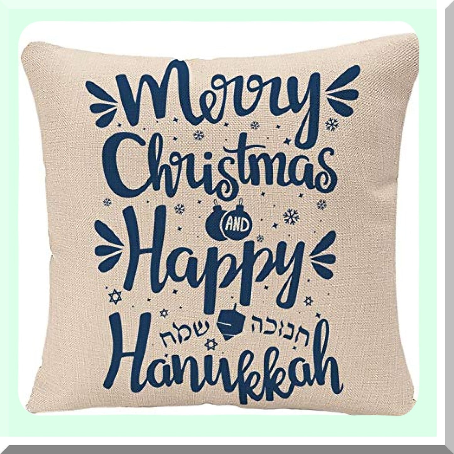 Festive Hanukkah Hand Lettered Pillow Cover - Happy Hanukkah & Merry Hanuka 18x18 Inch Square Cushion Case - Holiday Decor Pillowcase