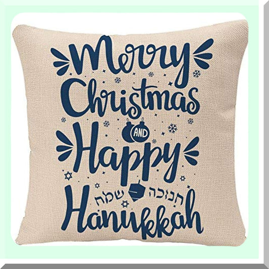 Festive Hanukkah Hand Lettered Pillow Cover - Happy Hanukkah & Merry Hanuka 18x18 Inch Square Cushion Case - Holiday Decor Pillowcase