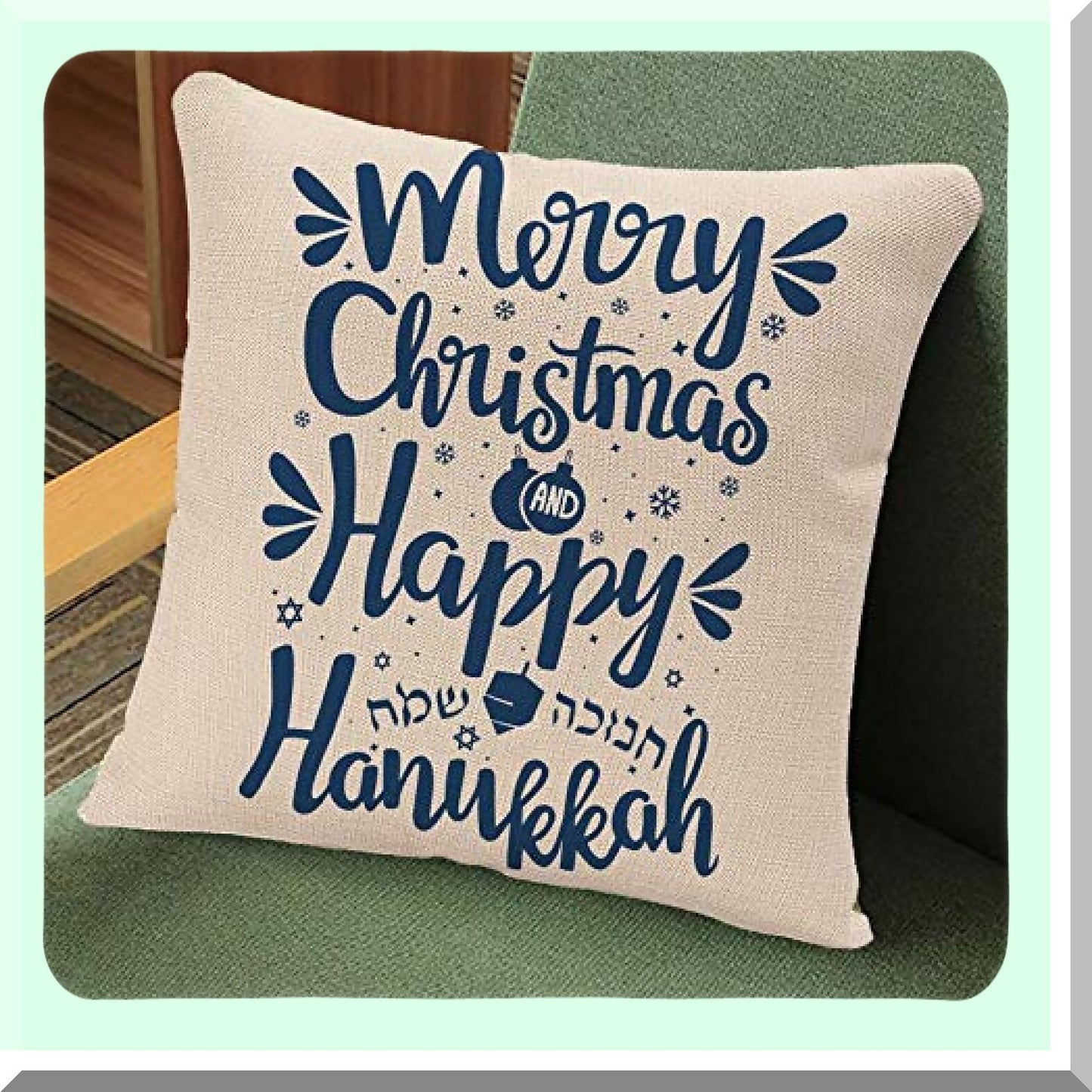 Festive Hanukkah Hand Lettered Pillow Cover - Happy Hanukkah & Merry Hanuka 18x18 Inch Square Cushion Case - Holiday Decor Pillowcase