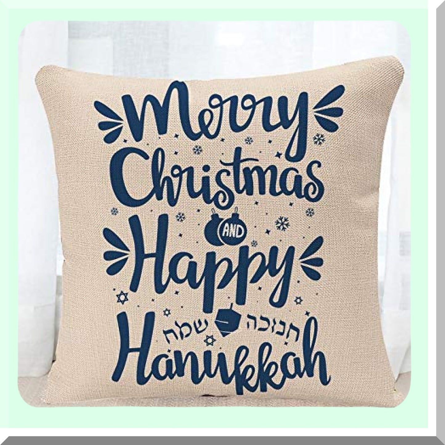 Festive Hanukkah Hand Lettered Pillow Cover - Happy Hanukkah & Merry Hanuka 18x18 Inch Square Cushion Case - Holiday Decor Pillowcase