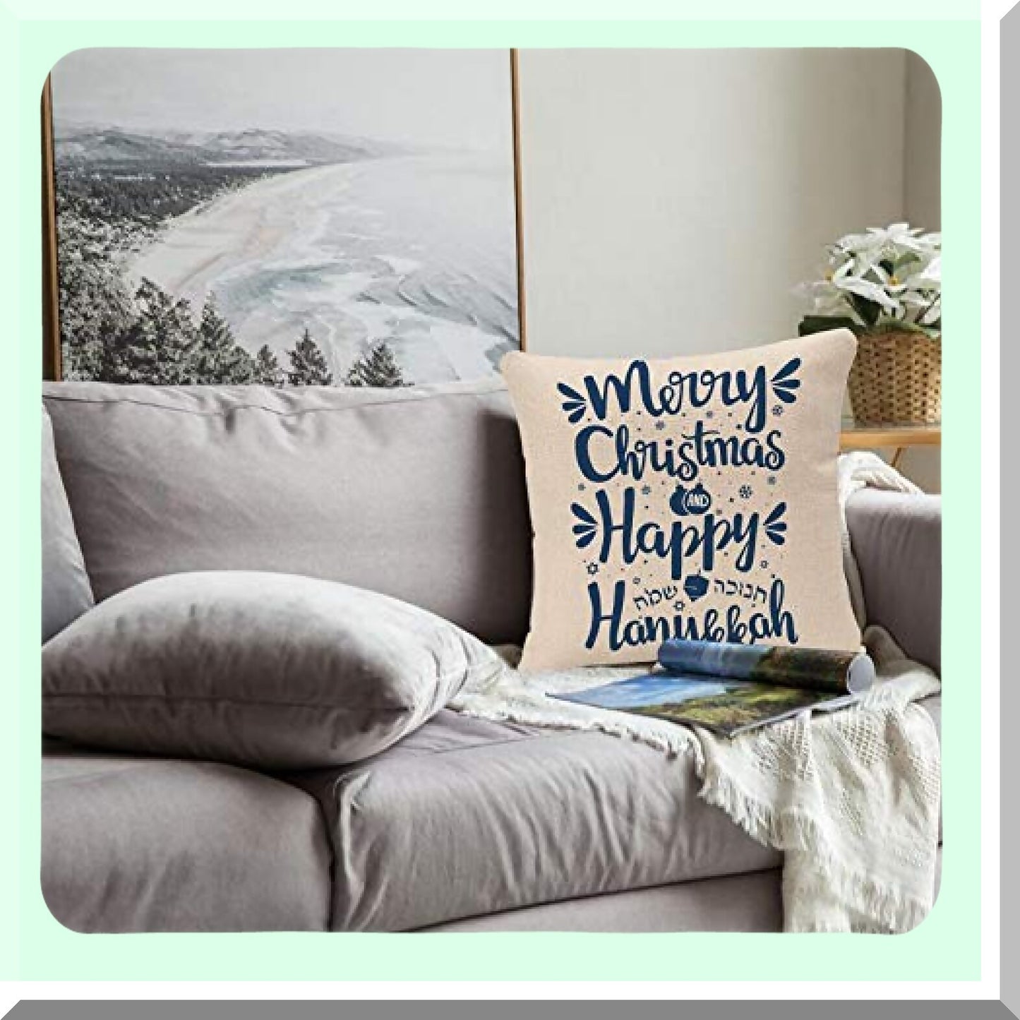 Festive Hanukkah Hand Lettered Pillow Cover - Happy Hanukkah & Merry Hanuka 18x18 Inch Square Cushion Case - Holiday Decor Pillowcase