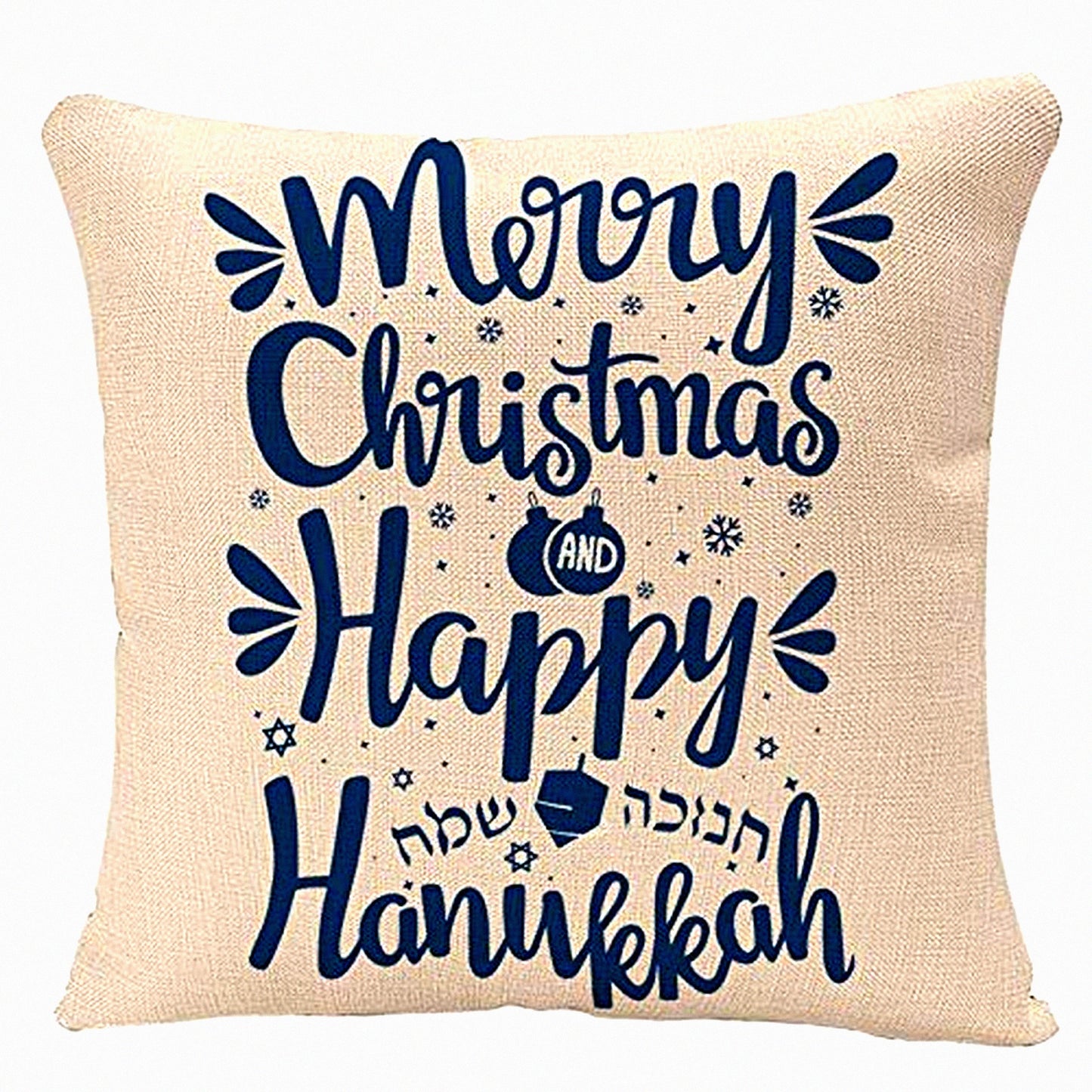 Festive Hanukkah Hand Lettered Pillow Cover - Happy Hanukkah & Merry Hanuka 18x18 Inch Square Cushion Case - Holiday Decor Pillowcase