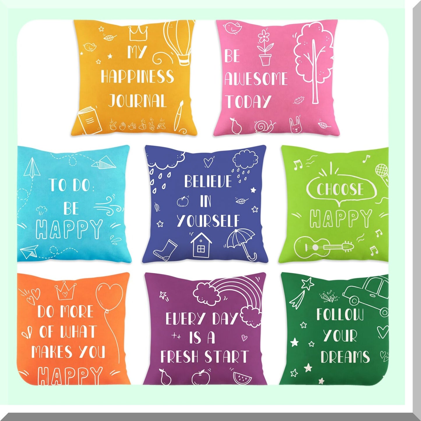 Inspirational Kids Pillow Covers Set - Cute Quotes Decorative Cases for Home & Outdoor Use - Fresh Style Playroom Couch Floor Sofa Reading - 8 Pieces