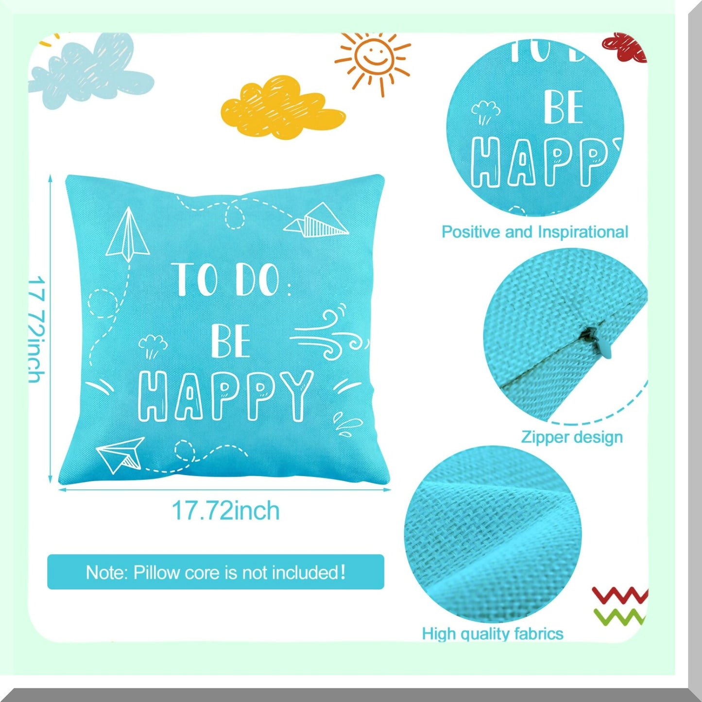 Inspirational Kids Pillow Covers Set - Cute Quotes Decorative Cases for Home & Outdoor Use - Fresh Style Playroom Couch Floor Sofa Reading - 8 Pieces