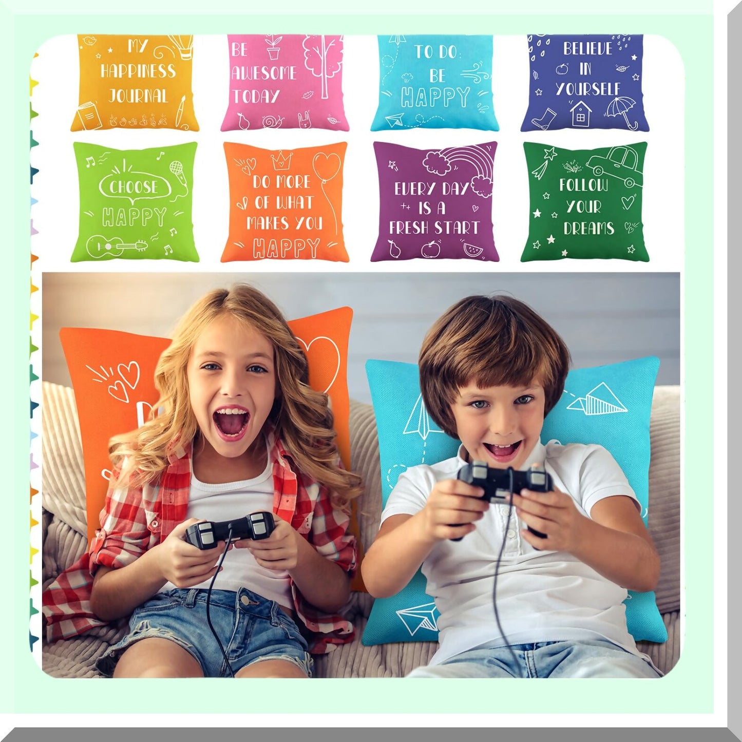 Inspirational Kids Pillow Covers Set - Cute Quotes Decorative Cases for Home & Outdoor Use - Fresh Style Playroom Couch Floor Sofa Reading - 8 Pieces