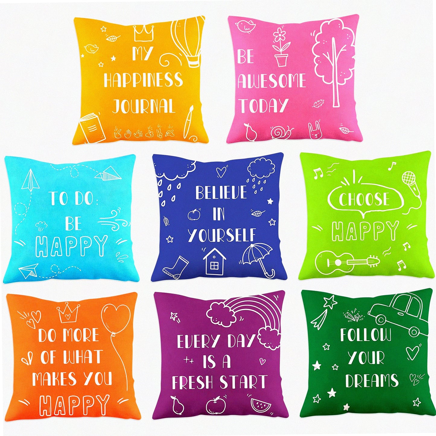 Inspirational Kids Pillow Covers Set - Cute Quotes Decorative Cases for Home & Outdoor Use - Fresh Style Playroom Couch Floor Sofa Reading - 8 Pieces