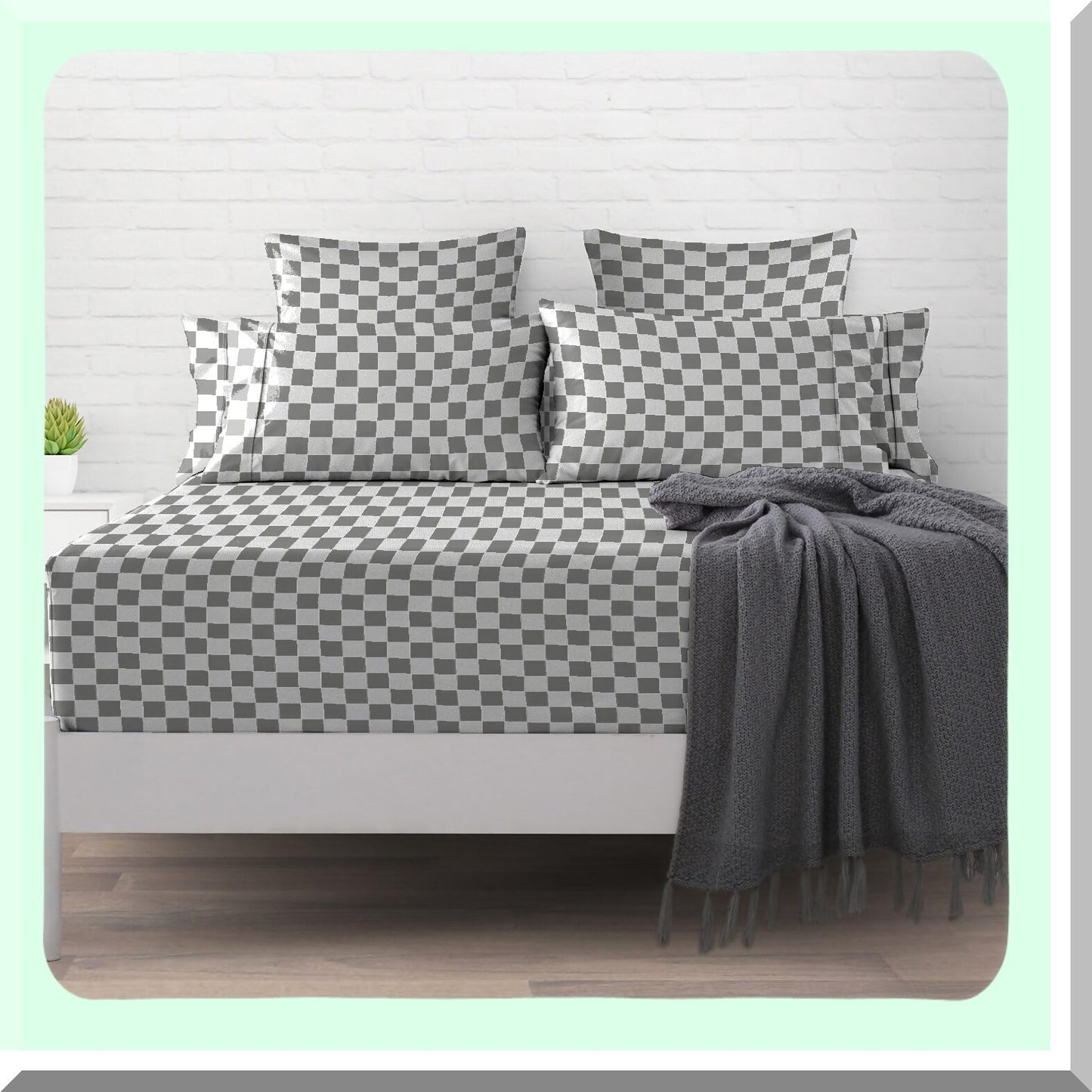 SmartPlaid Cotton Queen Fitted Sheet - 400 Thread Count Sateen - Long Staple - 15 Inch Deep Pocket - Printed Cotton - Grey Queen Size - 1 Pc