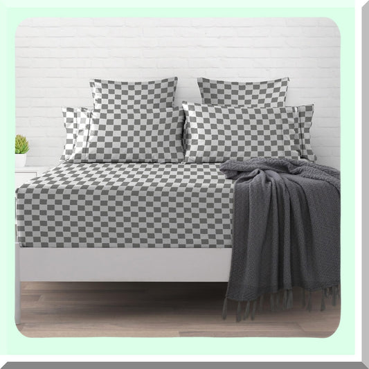 SmartPlaid Cotton Queen Fitted Sheet - 400 Thread Count Sateen - Long Staple - 15 Inch Deep Pocket - Printed Cotton - Grey Queen Size - 1 Pc