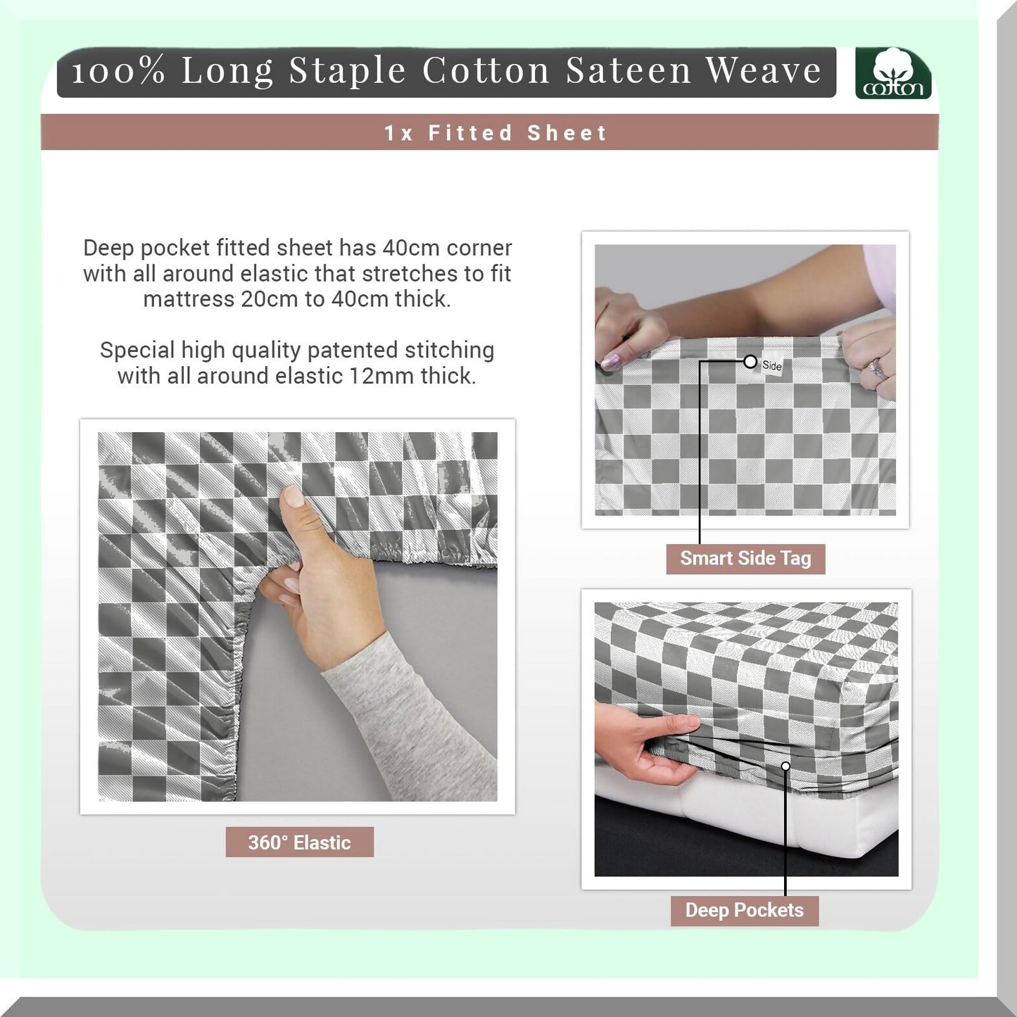 SmartPlaid Cotton Queen Fitted Sheet - 400 Thread Count Sateen - Long Staple - 15 Inch Deep Pocket - Printed Cotton - Grey Queen Size - 1 Pc