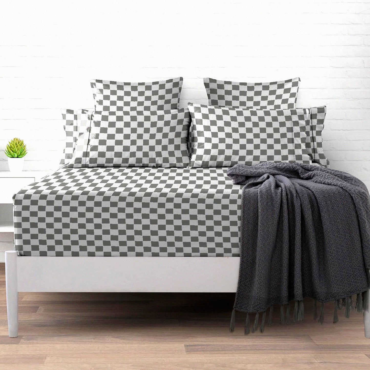SmartPlaid Cotton Queen Fitted Sheet - 400 Thread Count Sateen - Long Staple - 15 Inch Deep Pocket - Printed Cotton - Grey Queen Size - 1 Pc