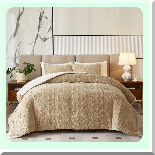 WinterLux Flannel Fleece Sherpa Comforter Set - Boho Jacquard Stripes, Ultra Soft & Warm Bedding Set, Luxury Down Alternative Comforter, Khaki - 3 Piece