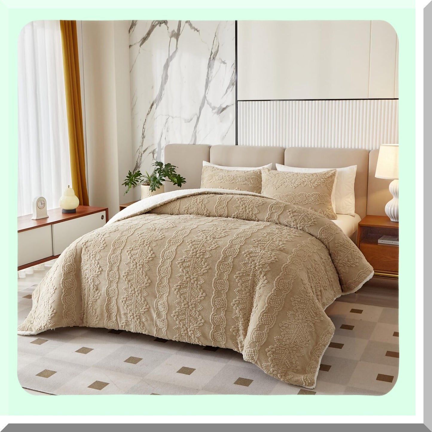 WinterLux Flannel Fleece Sherpa Comforter Set - Boho Jacquard Stripes, Ultra Soft & Warm Bedding Set, Luxury Down Alternative Comforter, Khaki - 3 Piece