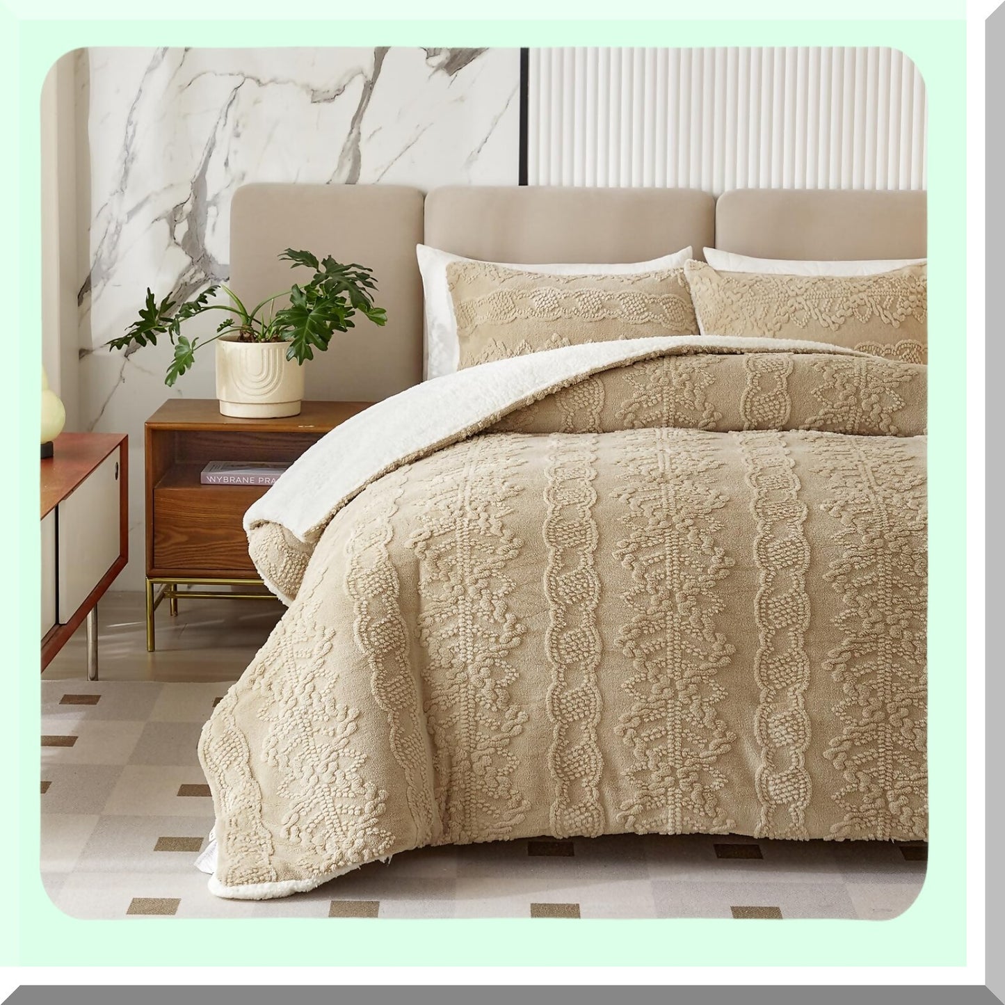 WinterLux Flannel Fleece Sherpa Comforter Set - Boho Jacquard Stripes, Ultra Soft & Warm Bedding Set, Luxury Down Alternative Comforter, Khaki - 3 Piece