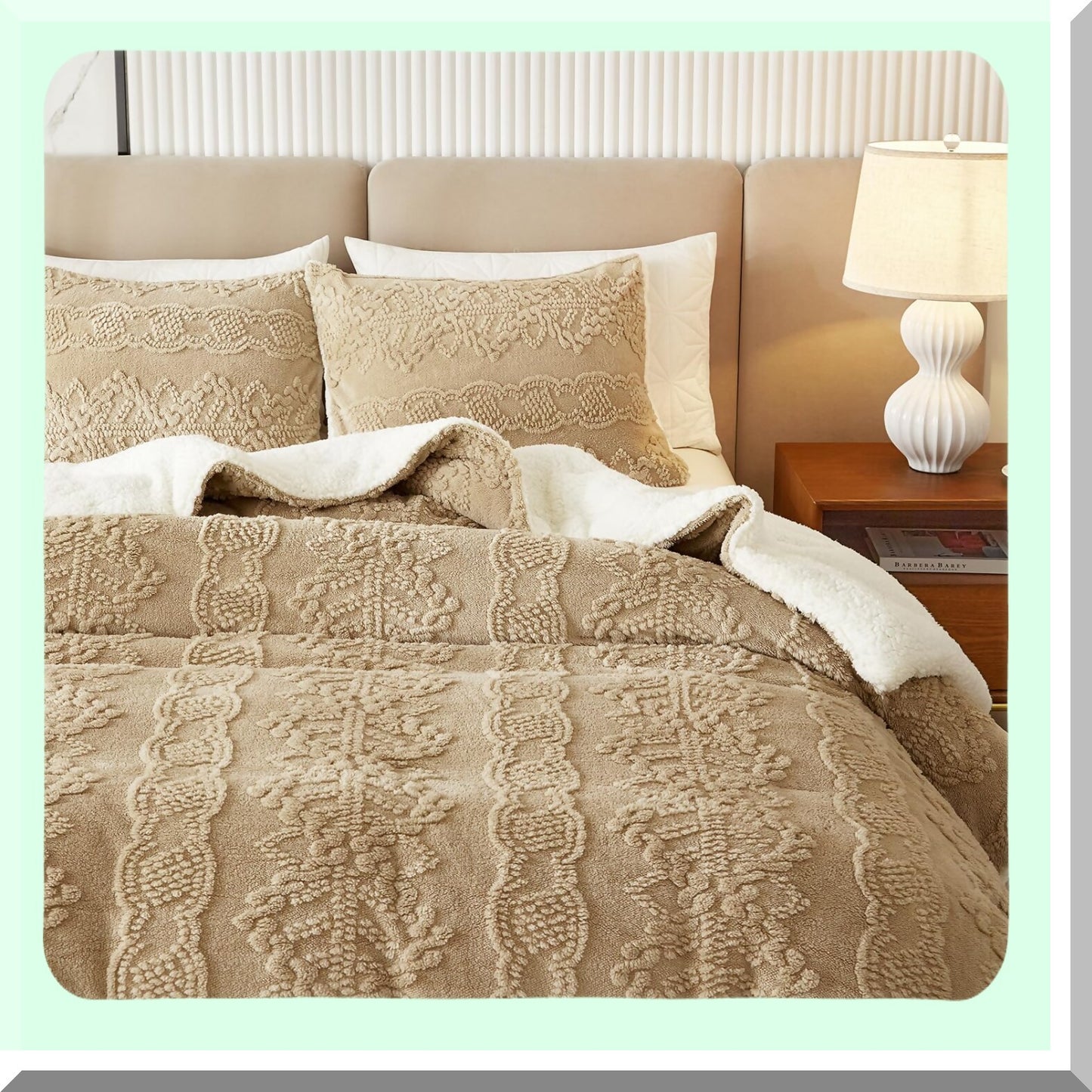 WinterLux Flannel Fleece Sherpa Comforter Set - Boho Jacquard Stripes, Ultra Soft & Warm Bedding Set, Luxury Down Alternative Comforter, Khaki - 3 Piece