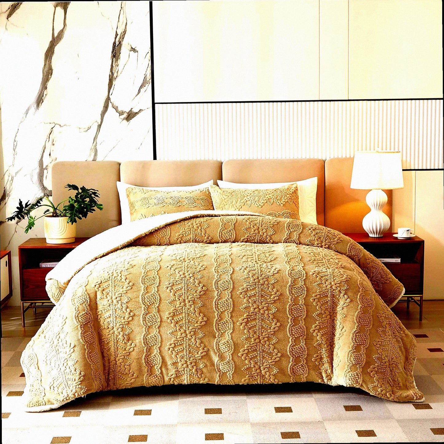 WinterLux Flannel Fleece Sherpa Comforter Set - Boho Jacquard Stripes, Ultra Soft & Warm Bedding Set, Luxury Down Alternative Comforter, Khaki - 3 Piece