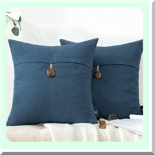 Vintage Linen Button Farmhouse Pillow Covers Set - Navy Blue Decorative Cushion Cases for Couch, Bed, Chair - 20x20 inches (Pack of 2)