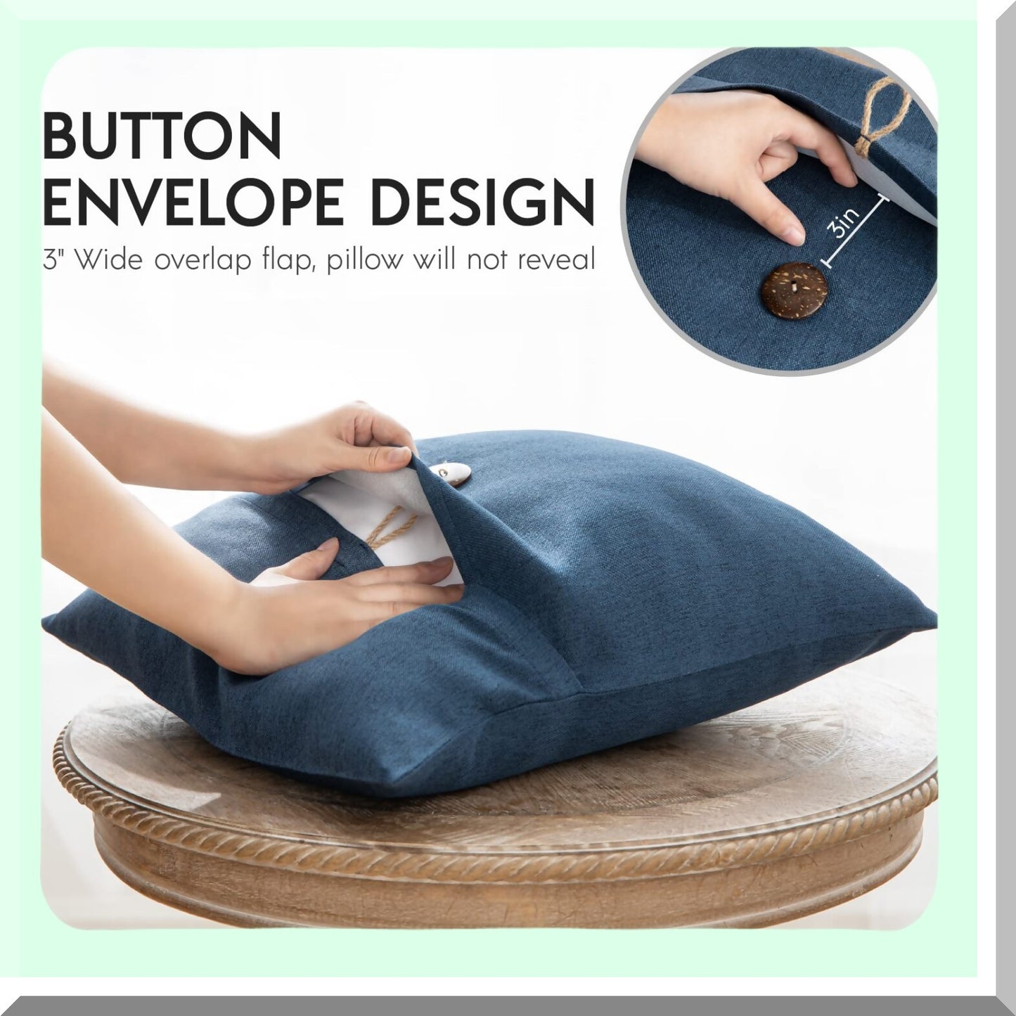 Vintage Linen Button Farmhouse Pillow Covers Set - Navy Blue Decorative Cushion Cases for Couch, Bed, Chair - 20x20 inches (Pack of 2)